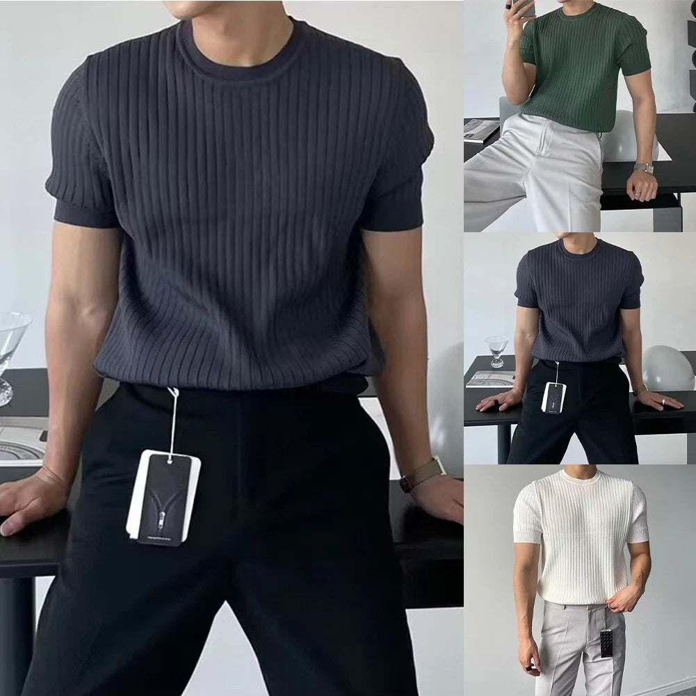 Stripe Design Men Slim T-shirt Short Sleeve Workout Slim Fit Crew Neck