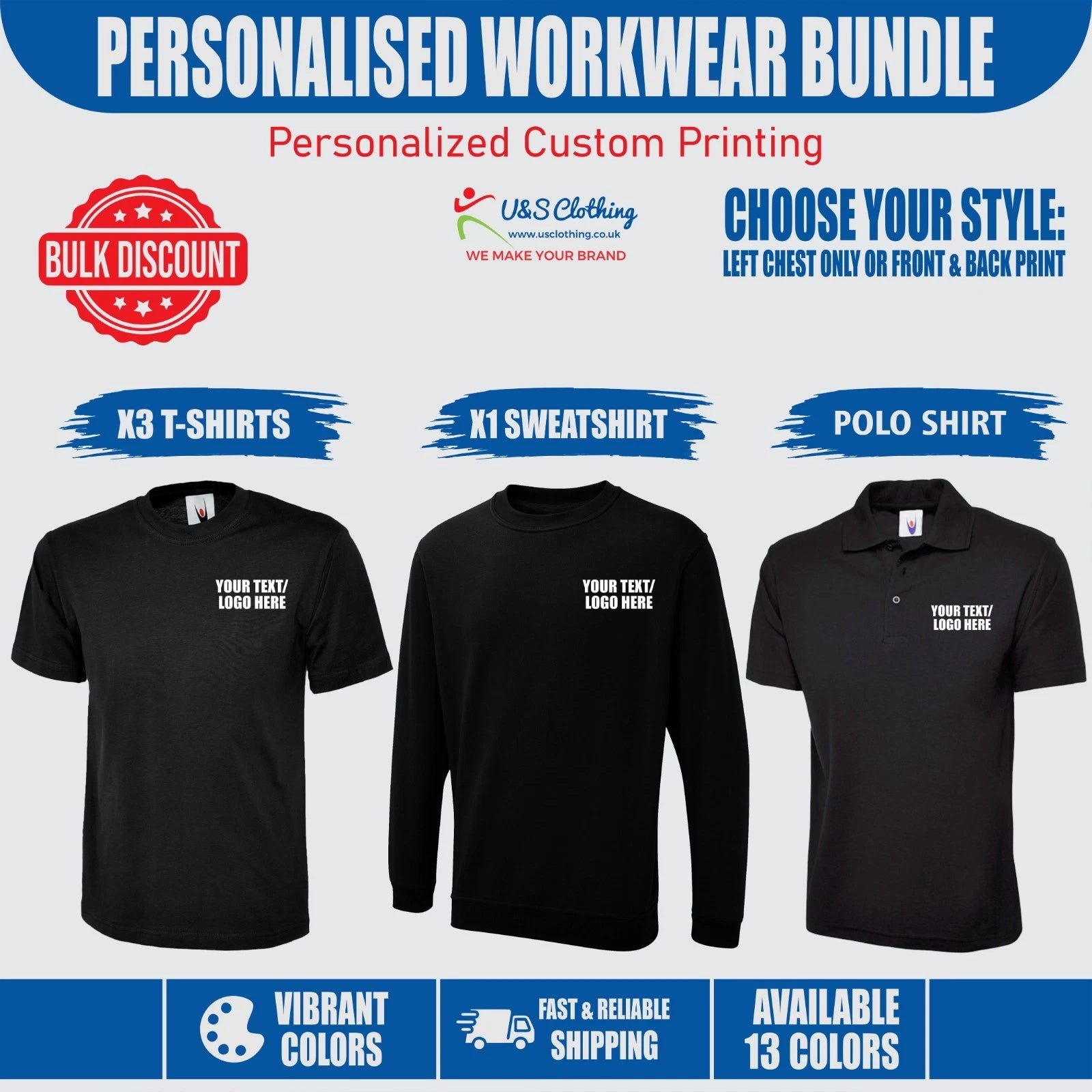 Personalised Printed Workwear Bundle T Shirt Polo Sweatshirt 3Pack Crew Neck Top