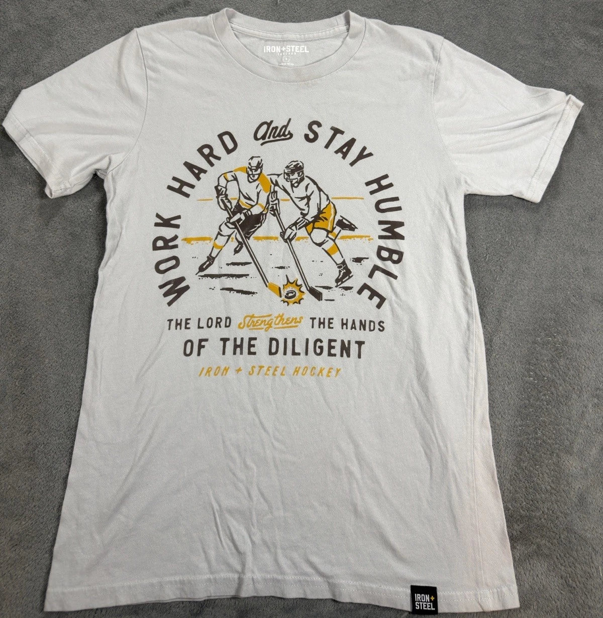 Iron + Steel Hockey shirt stay humble graphic tee size small light gray
