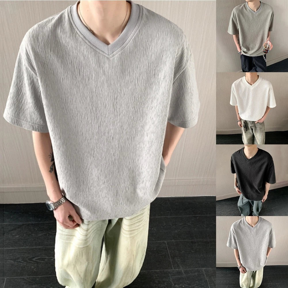 Men's Solid Color Textured T Shirt V Neck Short Sleeve Loose Casual Street