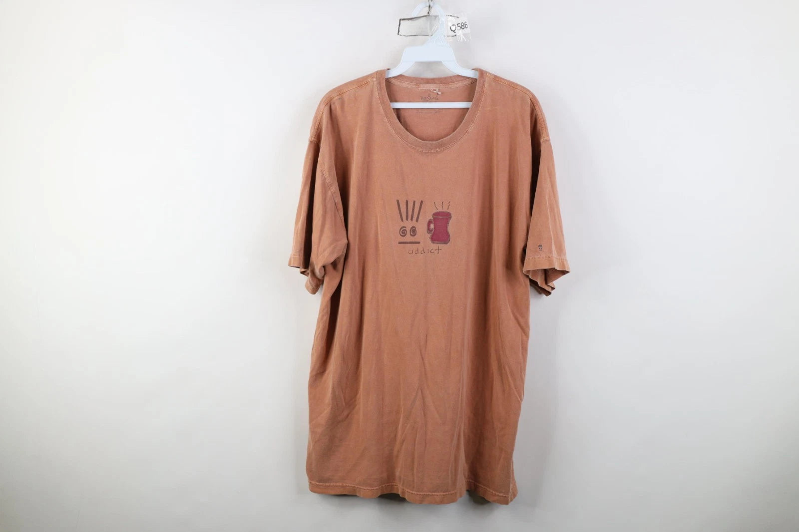Vintage Y2K Streetwear Mens Large Faded Stonewash Coffee Addict T-Shirt Orange