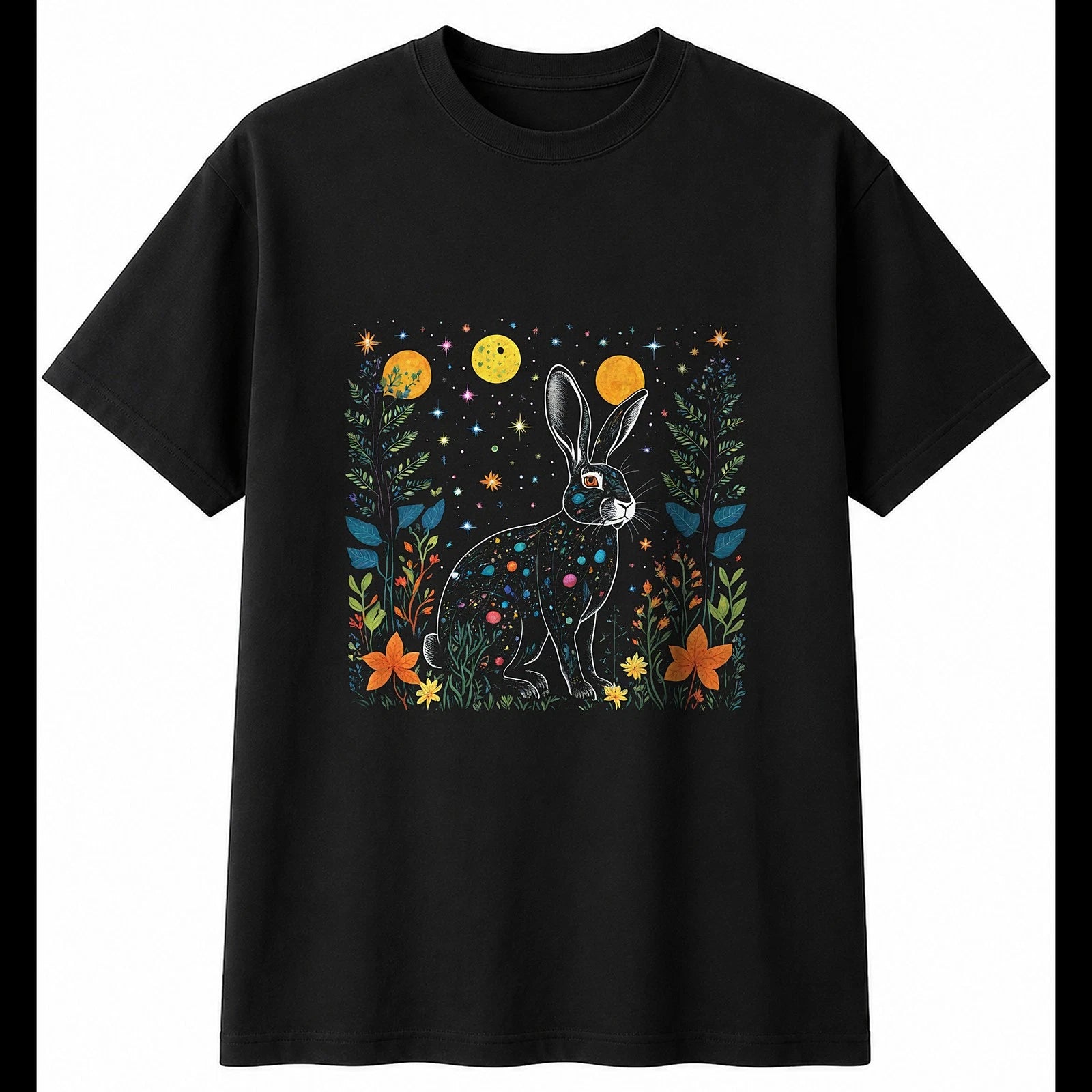 Botanical Flemish Giant Rabbit Under the Stars Cute Mens T-Shirt Black Kawaii