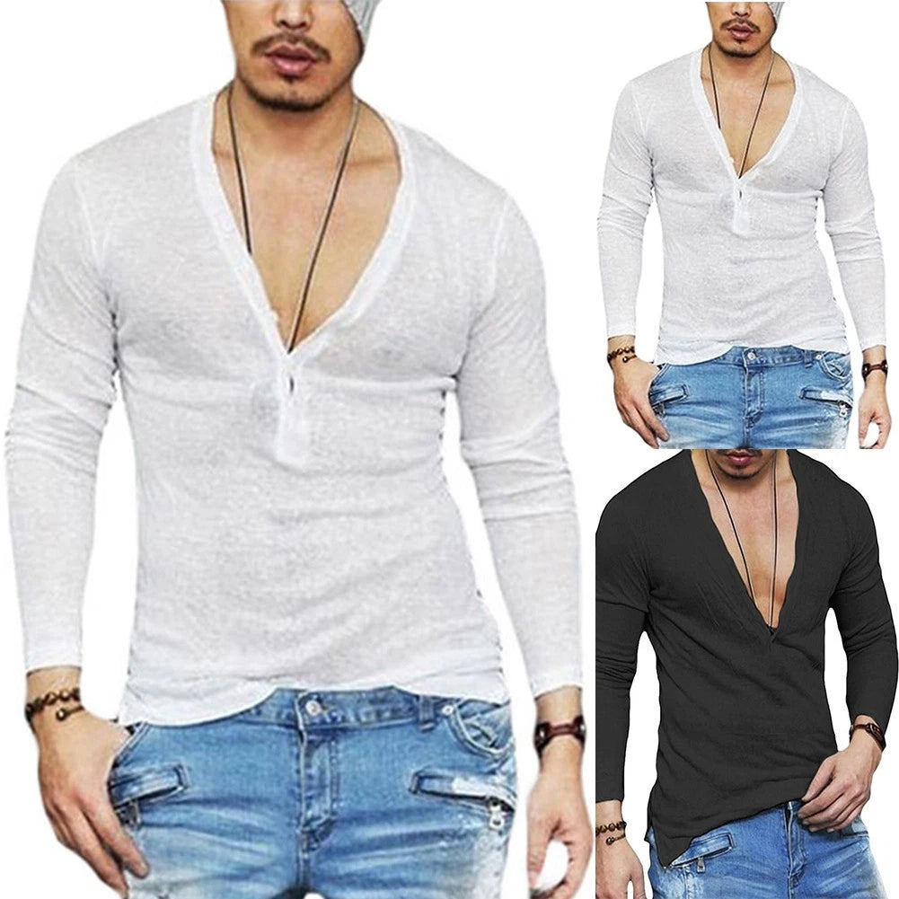 Men's Muscle Tee Blouse Slim Fit Deep V Neck Long Sleeve T shirt Button Tops