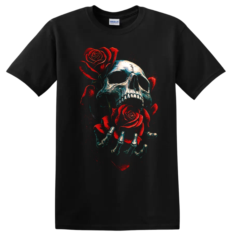 Skull Rose Skeleton Gothic Horror T Shirt w/ Red Floral Art Graphic Tee Design