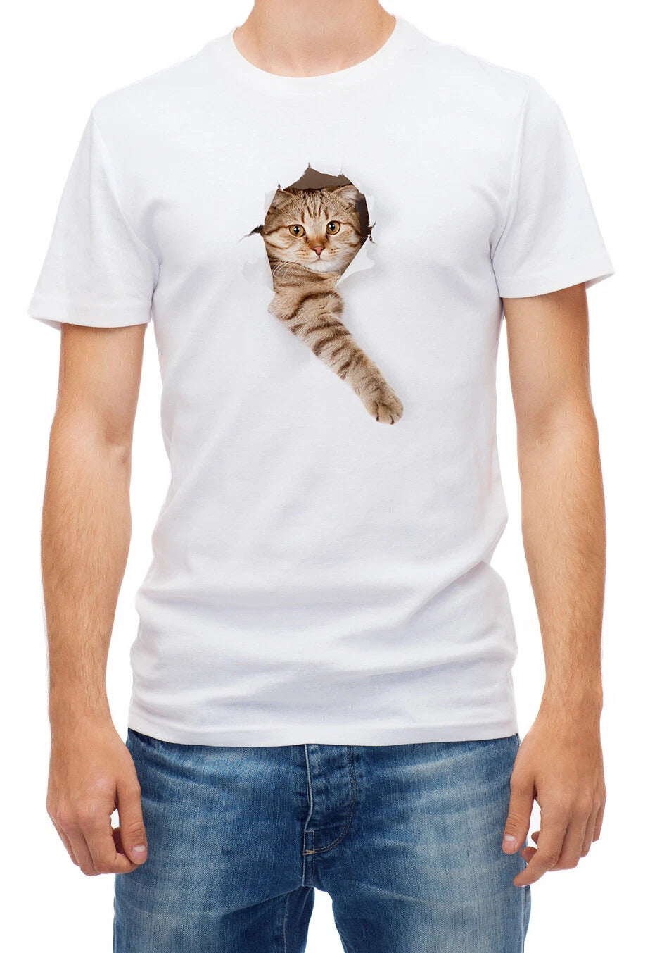 Big Cute Cat Torn 3D Effect Short sleeve White Men T shirt K159