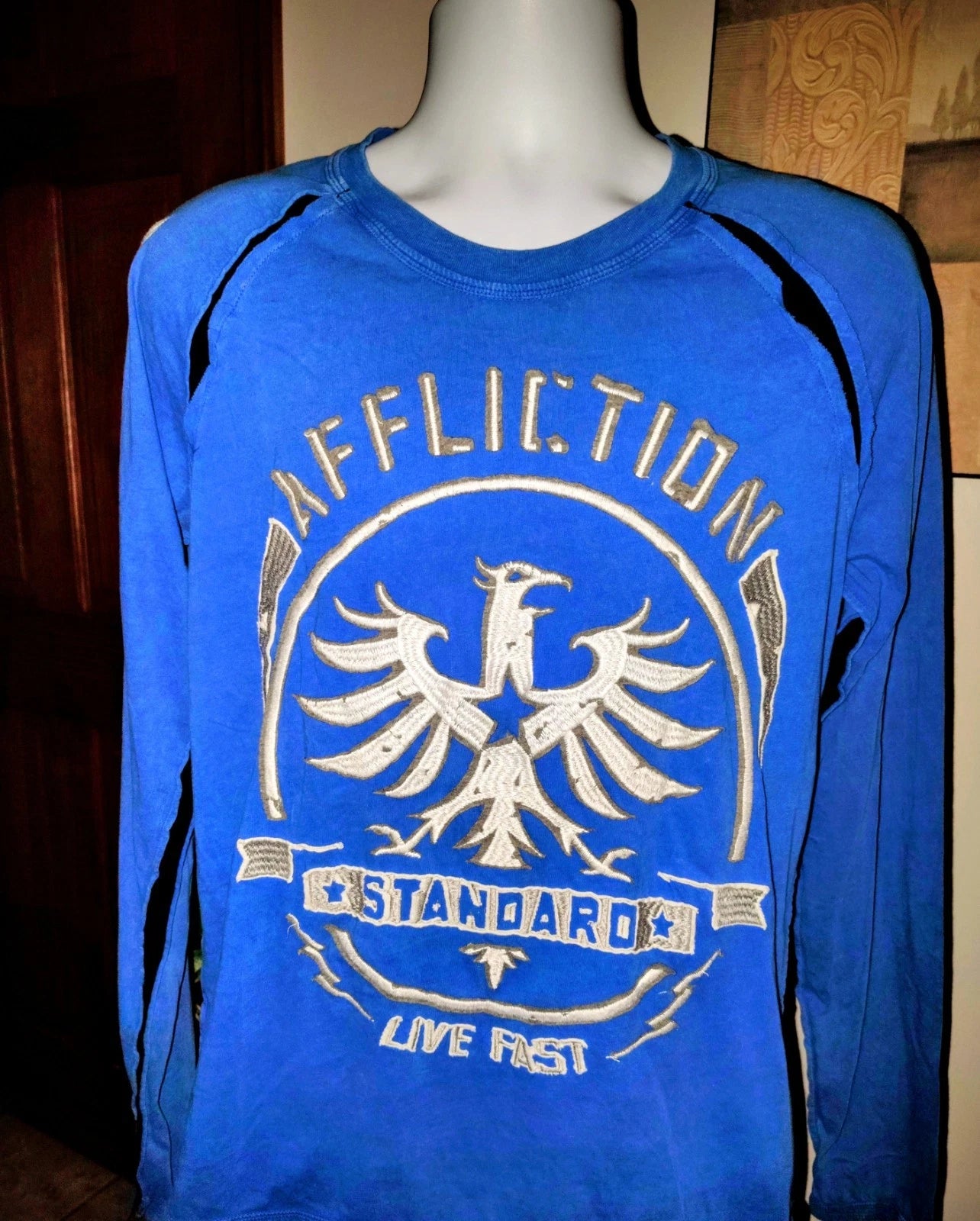 Affliction Shirt Men M Blue Long Sleeve Y2K Skate Grunge Wings Live Fast