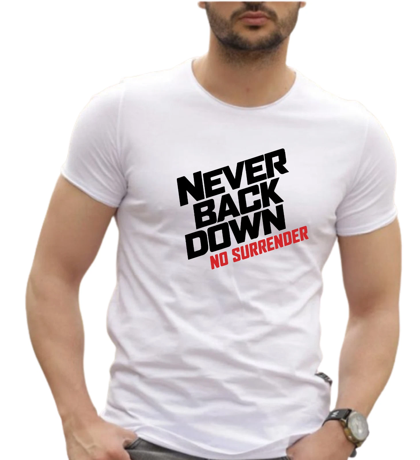 NEVER BACK DOWN Logo Printed T-Shirts, Unisex Logo T-Shirts with Customization