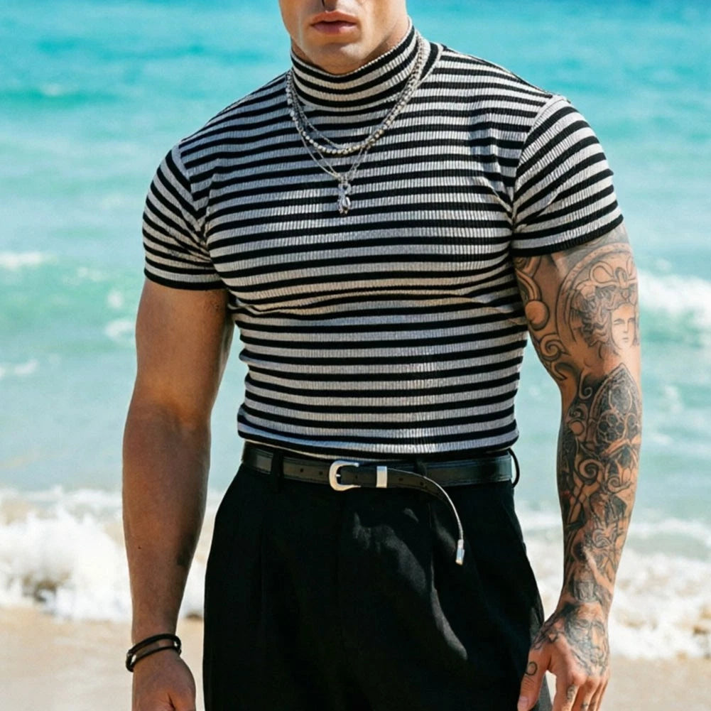 Men's Striped Turtleneck Tee - Short Sleeve Slim Fit Polyester Spandex Pullover