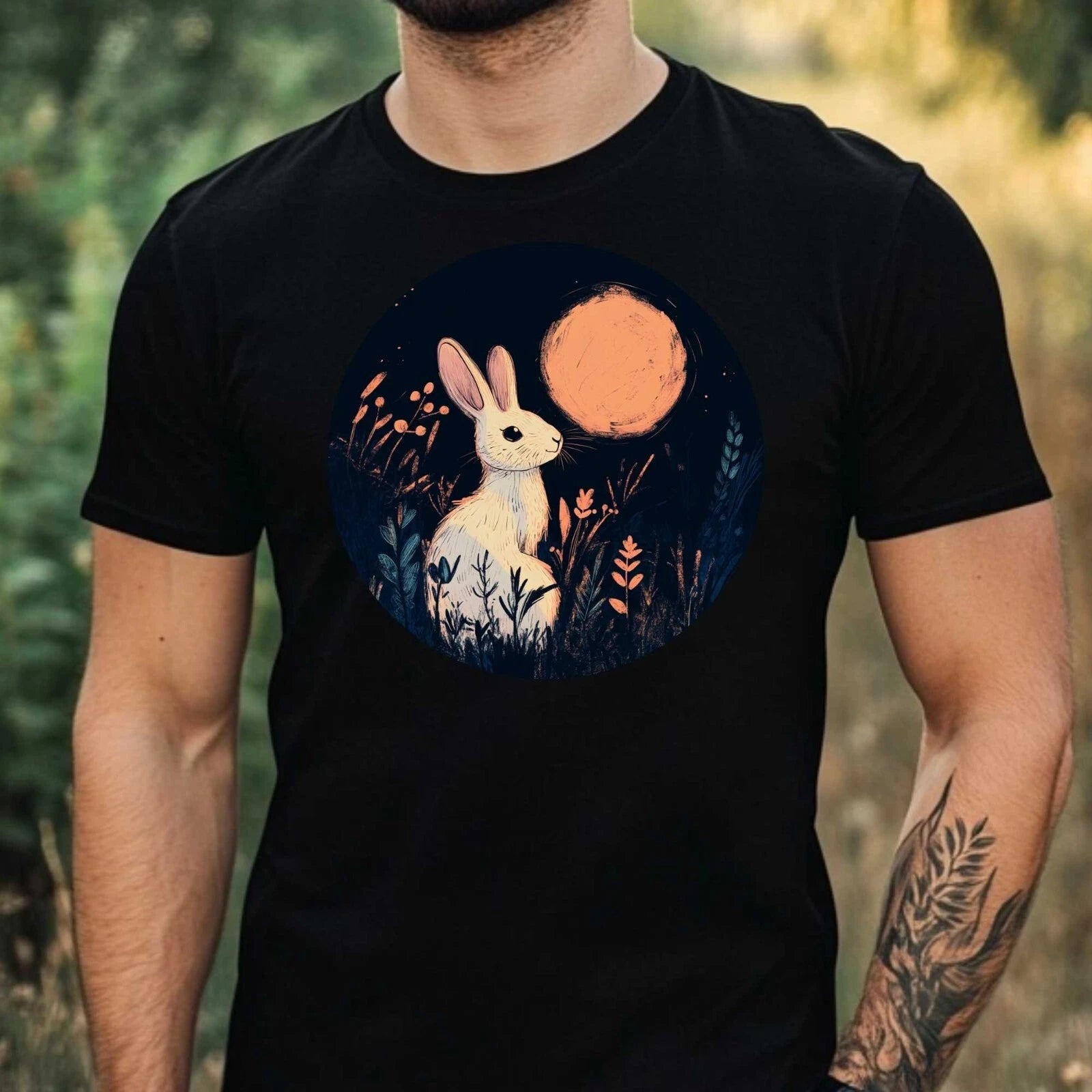 Mens Bunny In The Moonlight Motif Cotton T-Shirt Size XS to 5XL