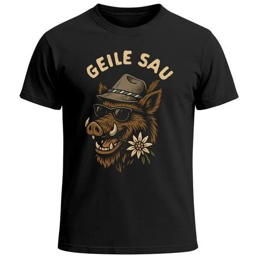 Men's T-Shirt for Oktoberfest Horny Sow Wild Boar Costume Hat & Edelweiss