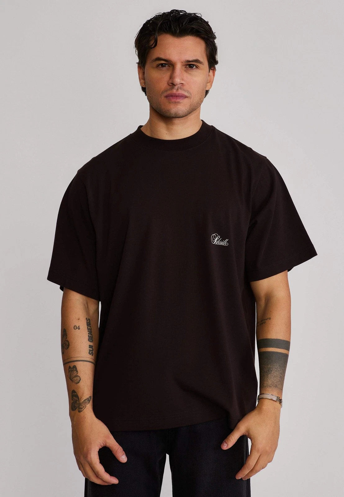 SikSilk Men's Short Sleeved Crew Neck Drop Shoulder Oversized T-Shirt Tee Brown