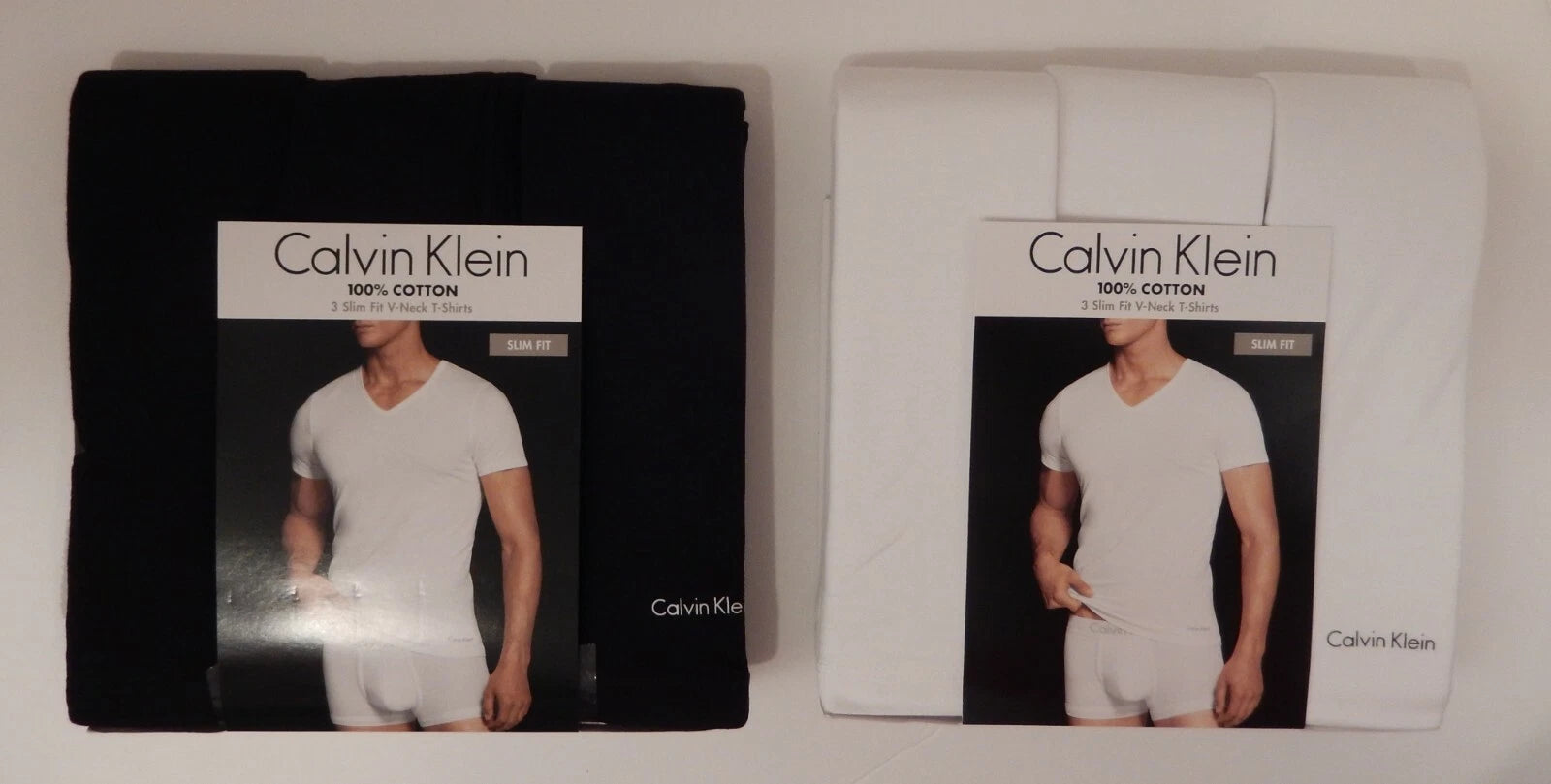 3 CALVIN KLEIN SLIM FIT BLACK WHITE V NECK S M L XL COTTON T-SHIRTS UNDERSHIRTS
