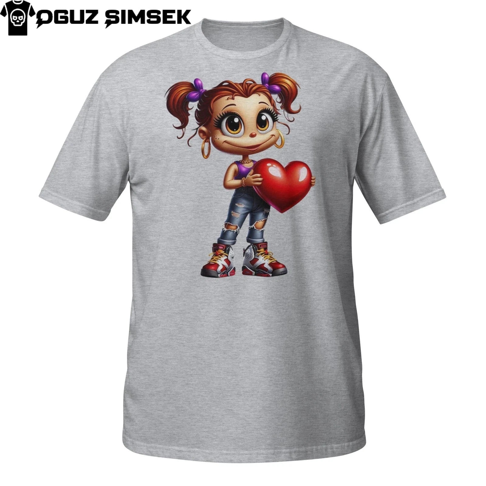 Cute Chibi Girl Tee – Urban Anime Style with Big Heart for Valentine's Day