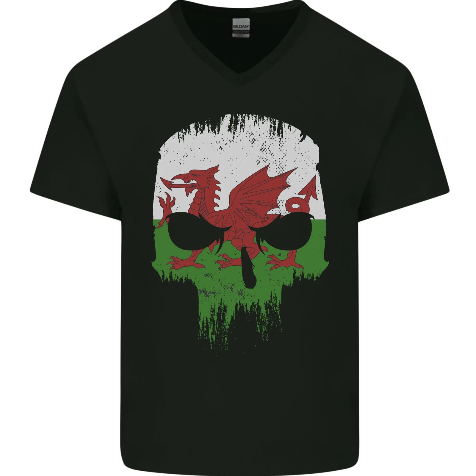 Wales Skull Welsh Gym Biker Flag Mens V-Neck Cotton T-Shirt