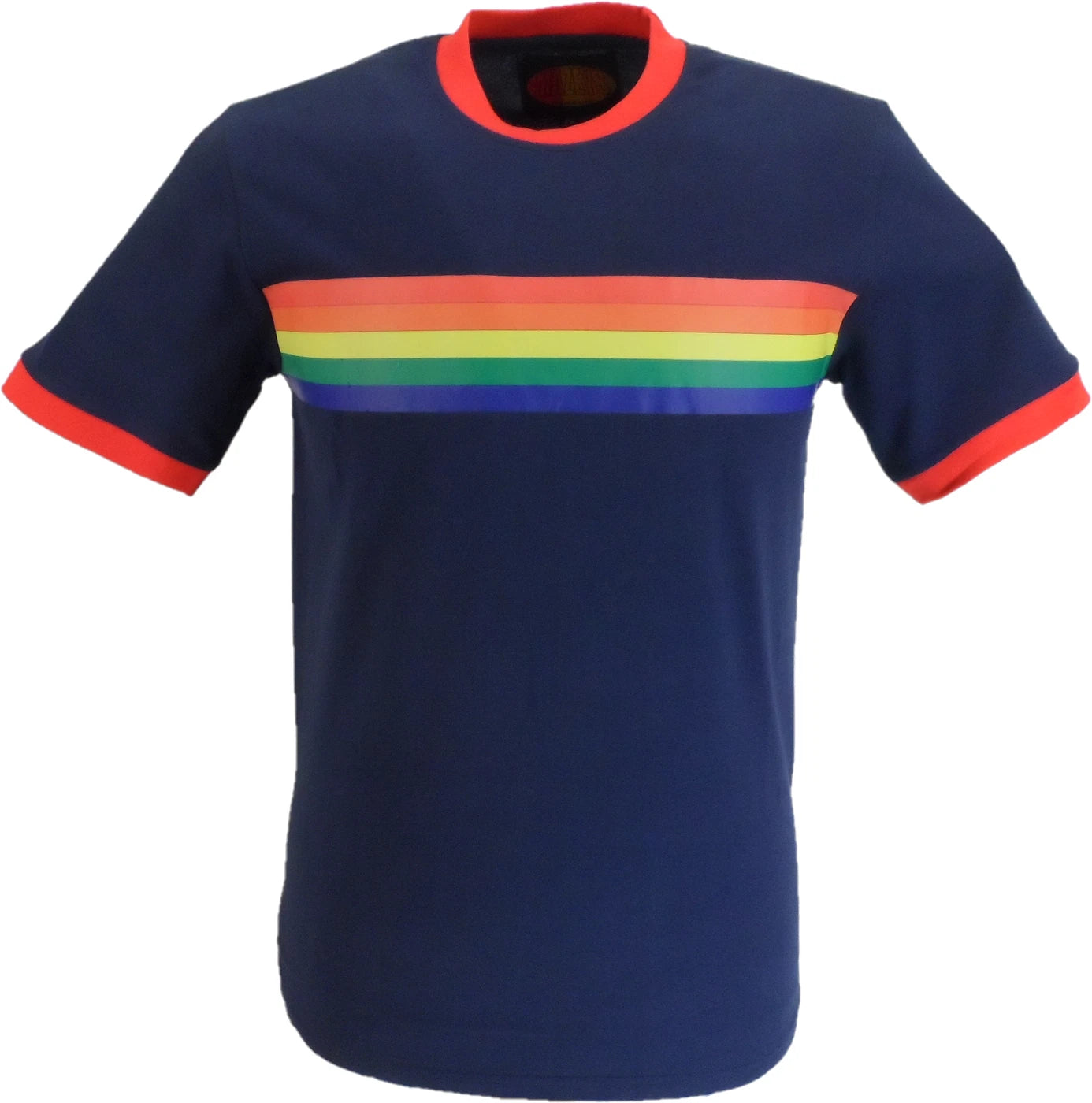 Mens Navy Retro MOD 60s Indie Rainbow Striped Cotton T Shirt