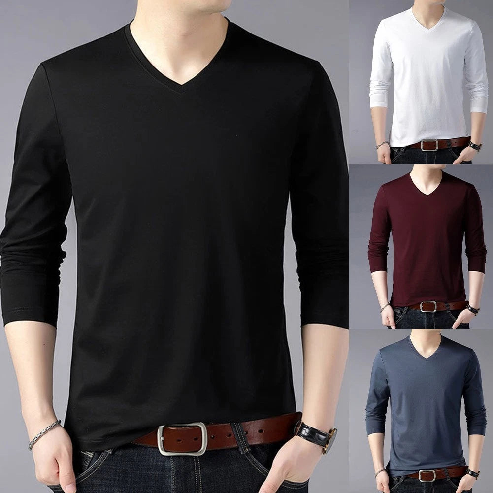 Plus Size Men Long Sleeve V Neck Tshirts Slim Fit Solid Casual Tops Base Shirts