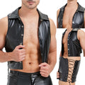 Fashionable Men's Sleeveless Top with Imitation Leather and Side Tie Detail