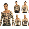 Men's Fake Tattoo Printed T-Shirt Elastic Long Sleeve breathable Nightclub