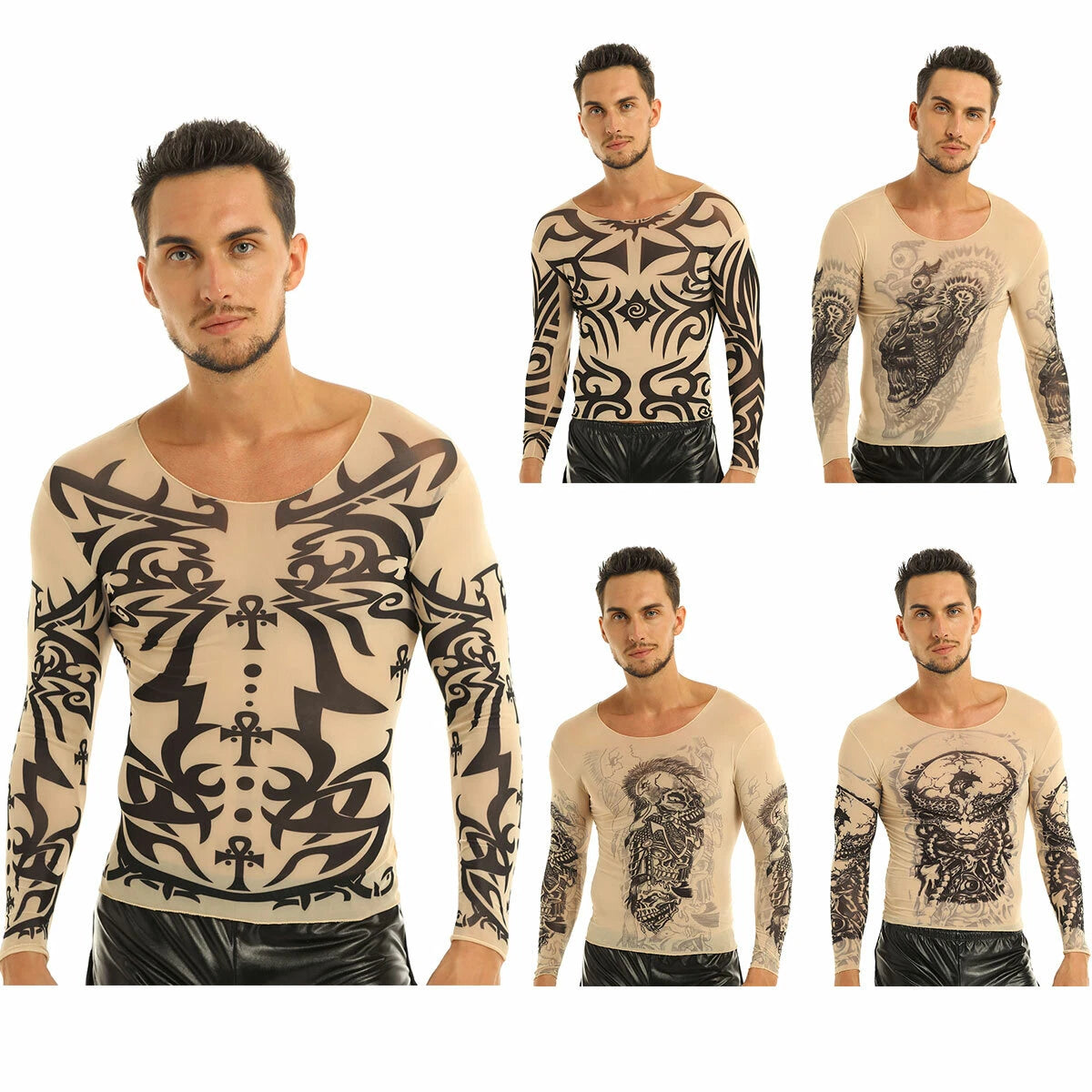 Men's Fake Tattoo Printed T-Shirt Elastic Long Sleeve breathable Nightclub