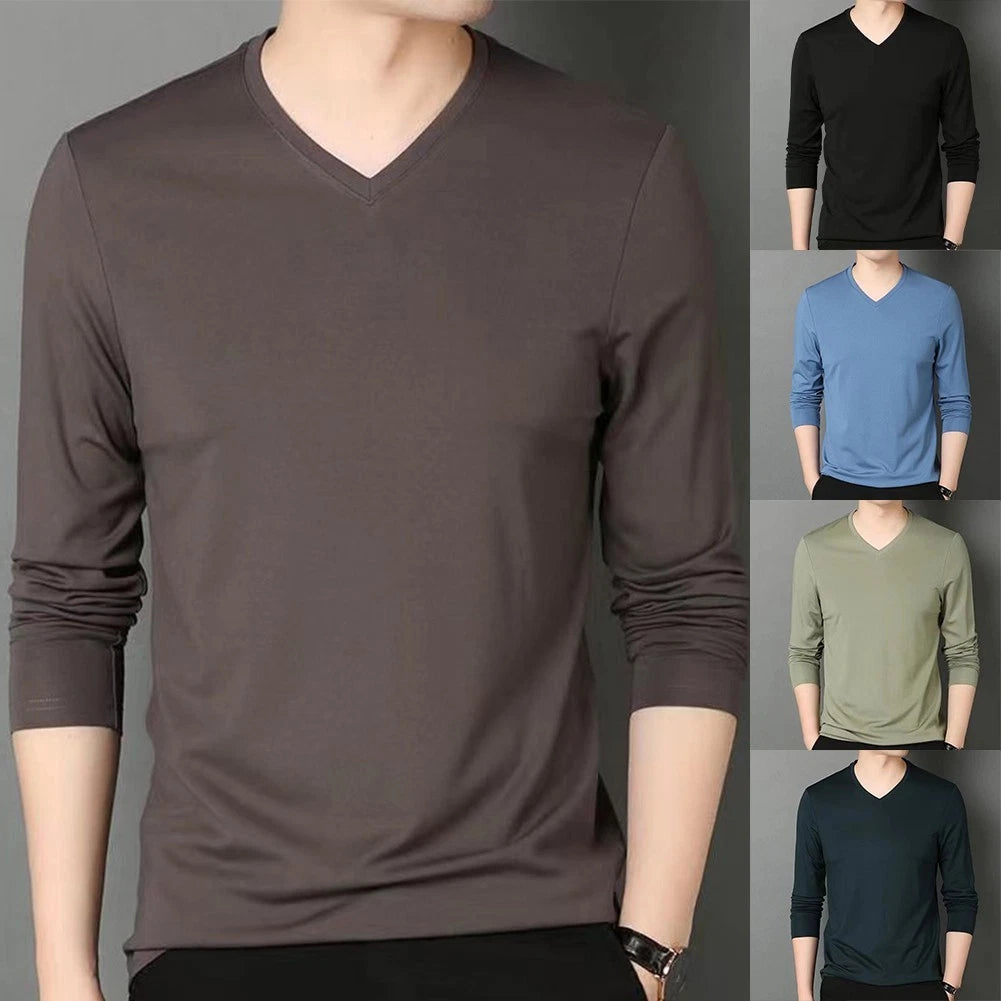 Casual Slim Fit Men's Dark Green V Neck Long Sleeve TShirt Workout Tee