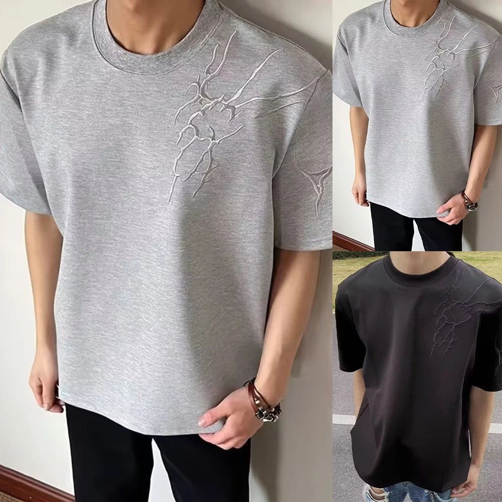 Casual Men's Embroidered T-Shirt Oversized Short Sleeve Round Neck Top
