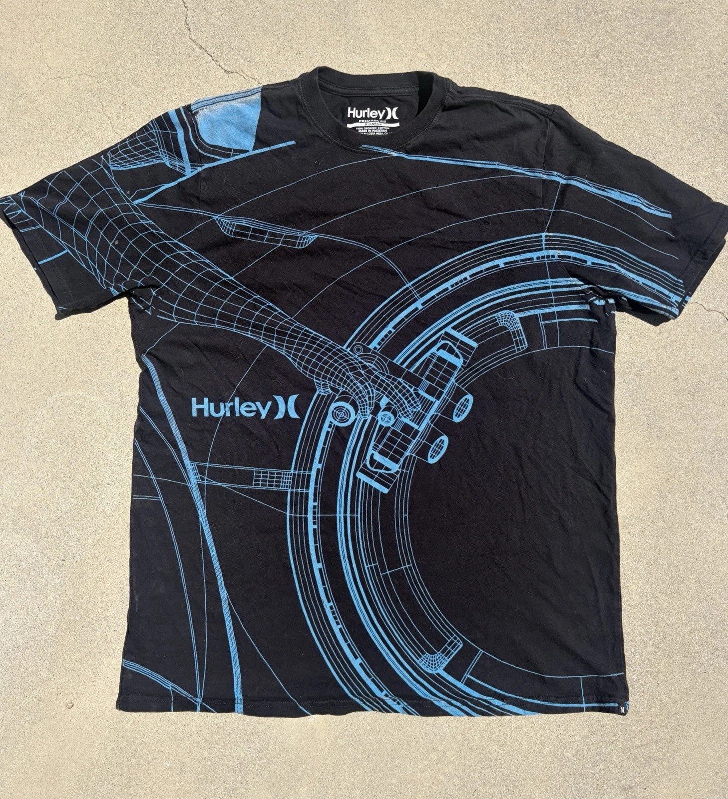 Rare Hurley Tron Light Cycle Blueprint Graphic T-Shirt XL Black Y2K Surf Skater