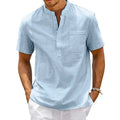 Men Cotton Linen Henley Neck Shirt Short Sleeve Casual Beach Pocket Top S3XL Fit