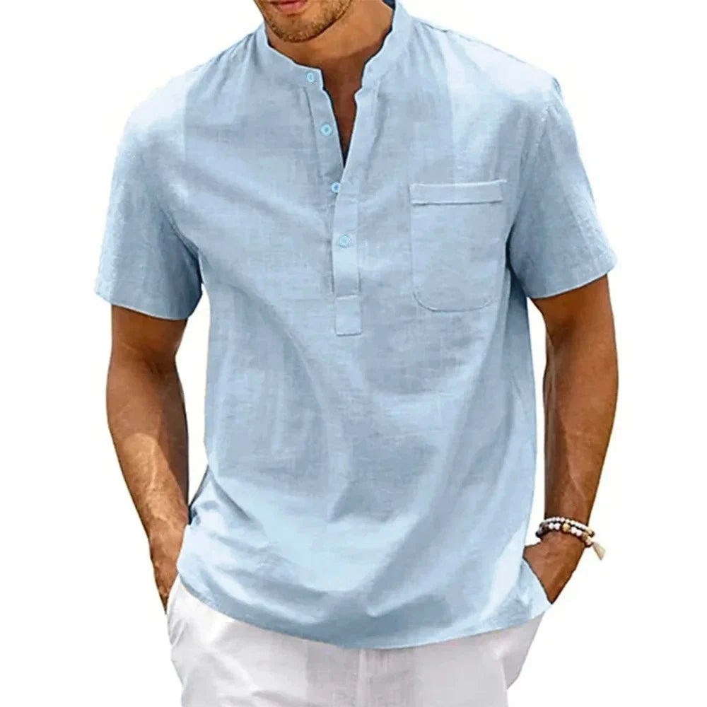 Men Cotton Linen Henley Neck Shirt Short Sleeve Casual Beach Pocket Top S3XL Fit