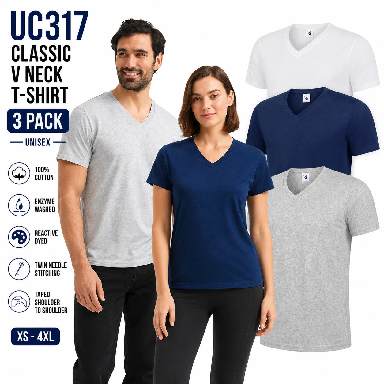 3 PACK UNEEK Classic V-Neck T Shirt Mens UC317 Plain Cotton Short Sleeve Tee
