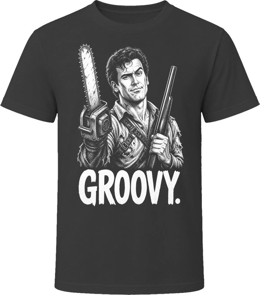 Ash Groovy Evil Dead II Iconic 80s Movie T Shirt