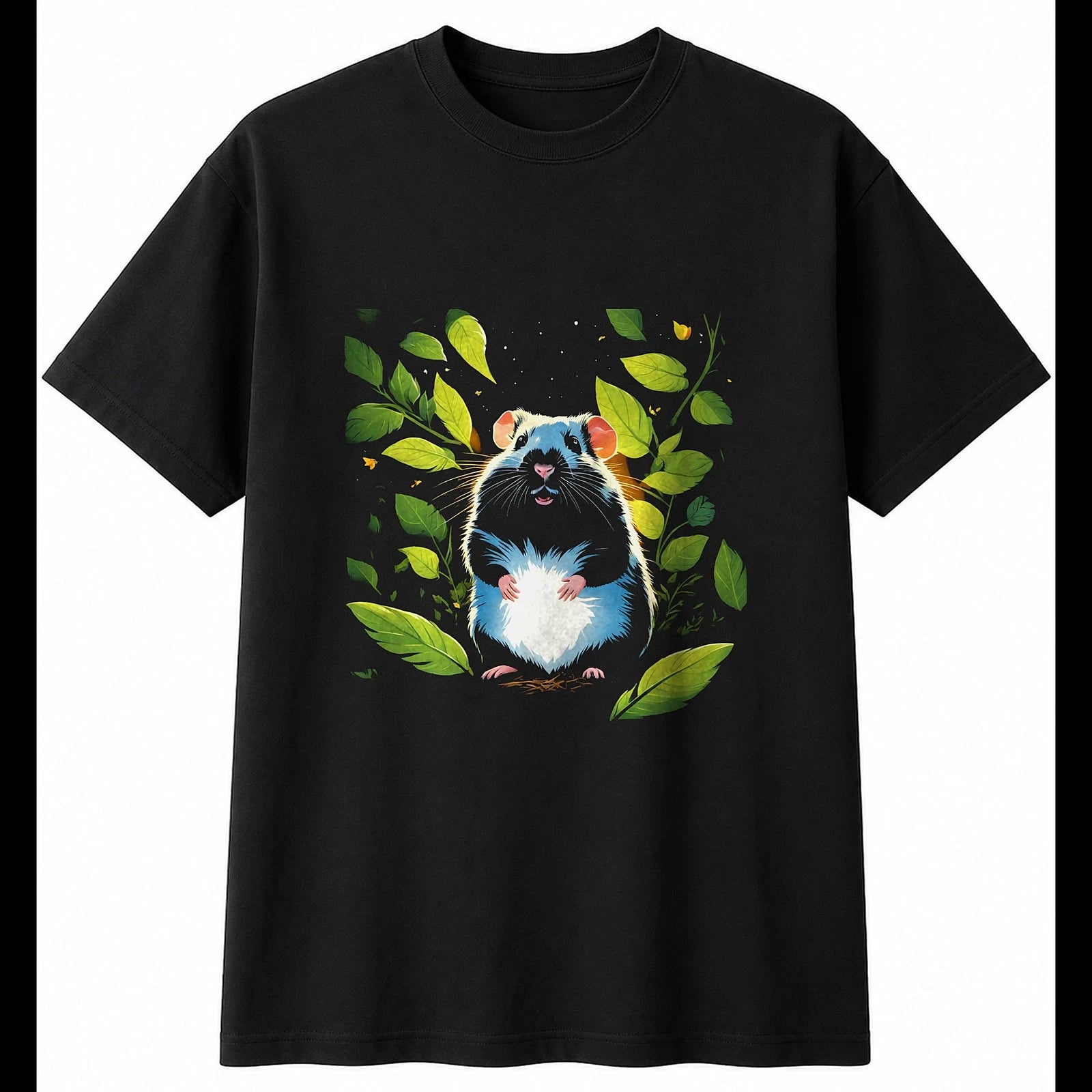 Botanical Hamster Sunbeams Cute Mens T-Shirt Black 100% Cotton Kawaii Tee