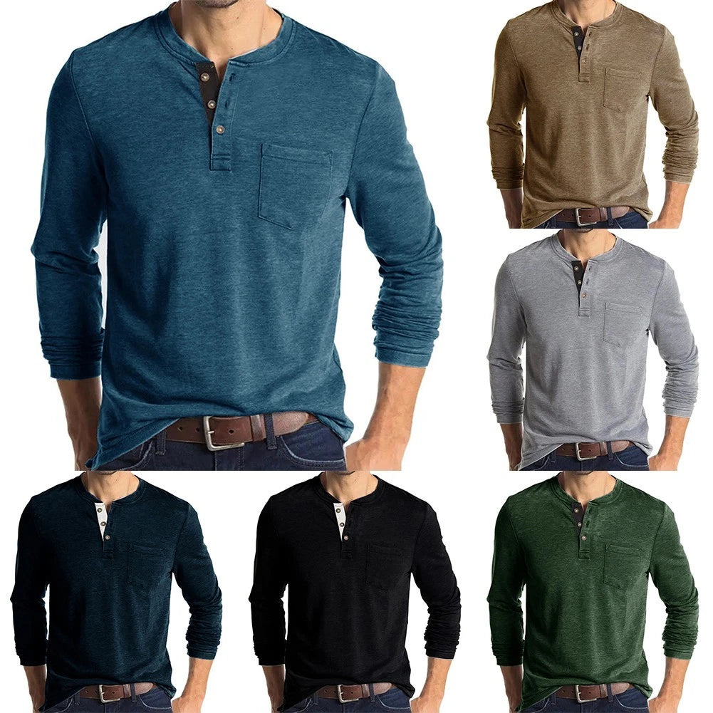 Stylish and Comfortable Men's Casual Long Sleeve Henley Grandad V Neck Shirt