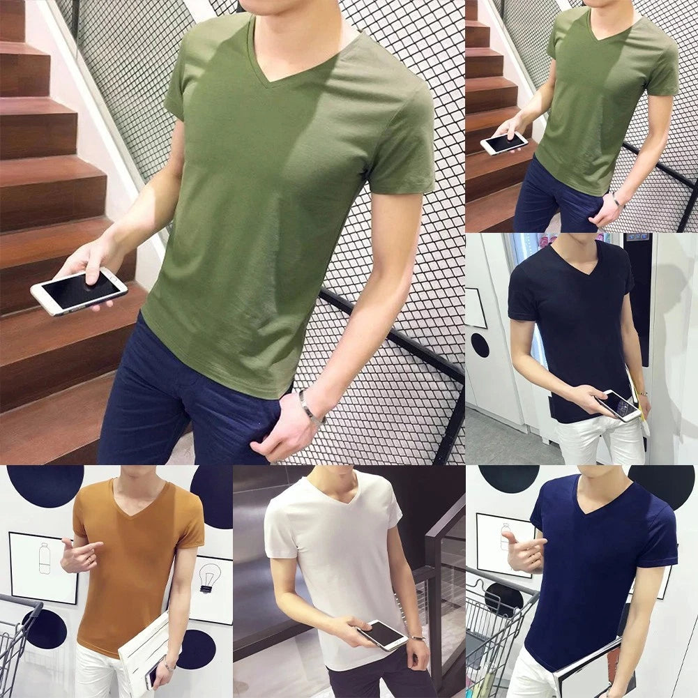 Short Sleeve V Neck T Shirt for Men Casual Loose Fit Solid Pullover Top