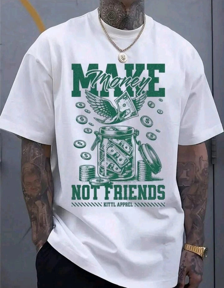 Men's "Make Money Not Friends" Graphic T-Shirt White Oversized Streetwear Tee