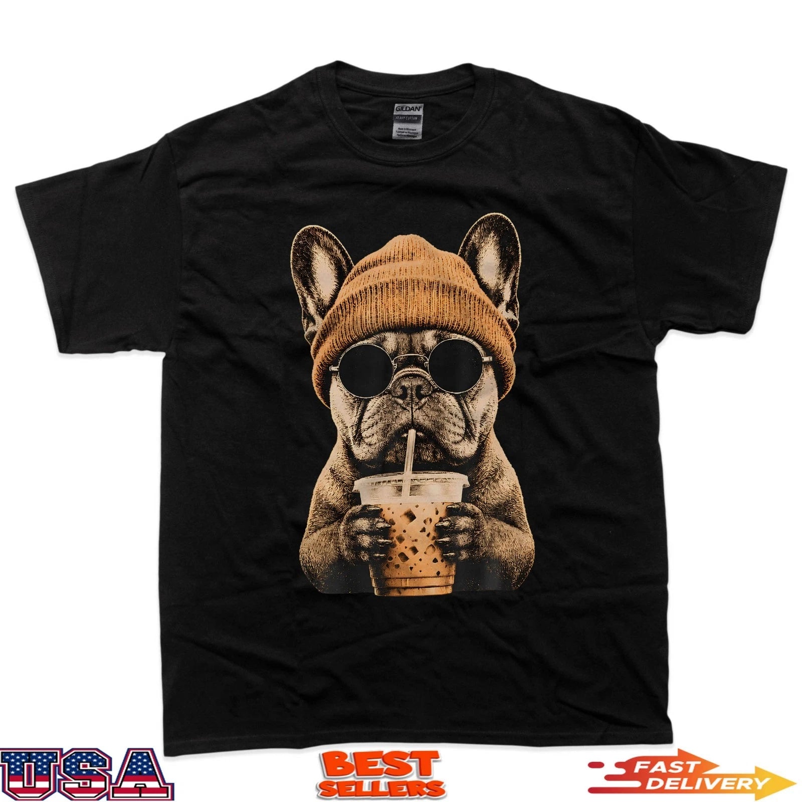 French Bulldog Hipster Dog Drinking Iced Coffee Sunglasses T-Shirt