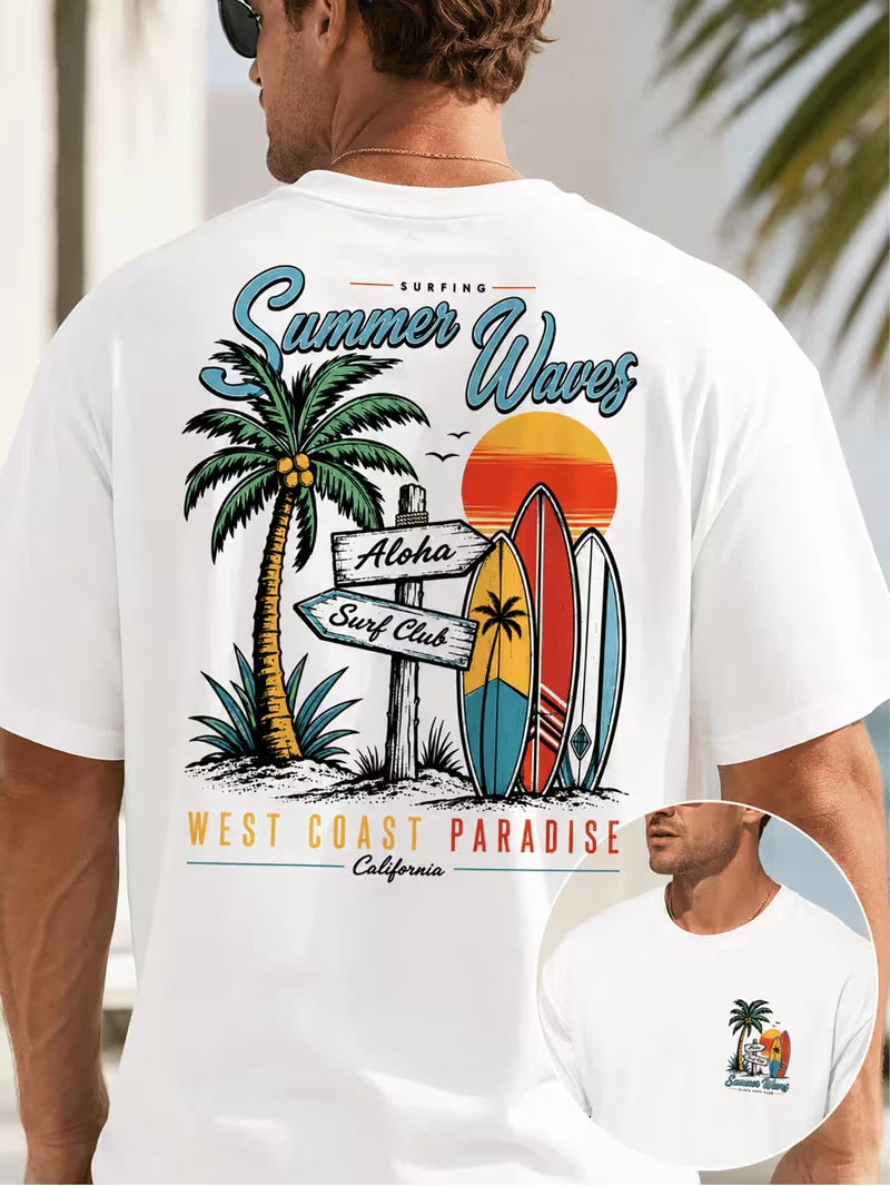Men's Surfboard Coconut Tree Graphic T Shirt Coastal Beach Summer Crew Neck Tee