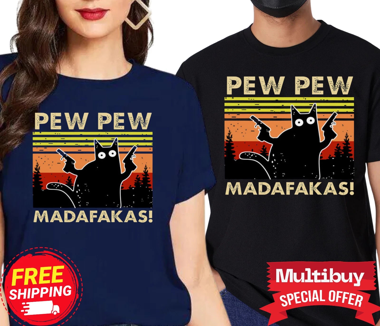 PEW PEW MADAFAKAS Vintage Funny Cat T-Shirt Retro Kitten Graphic Unisex Gift
