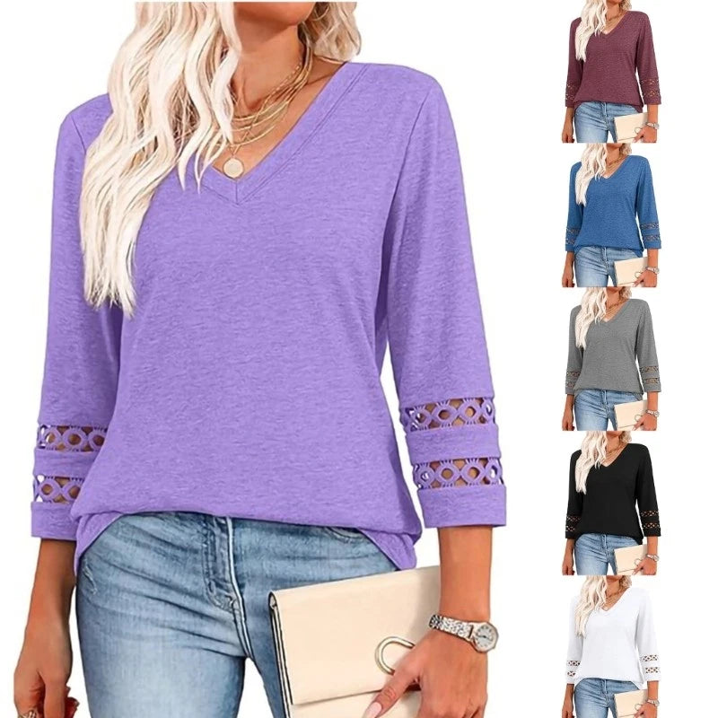Fashionable V Neck Womens Tops 3/4 Length Sleeve Lace Casual Tops Basic Blouse