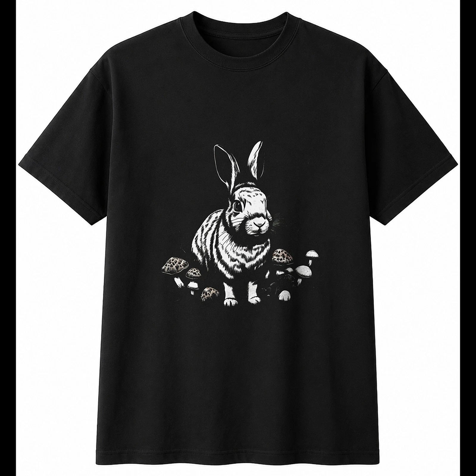 Botanical Netherland Dwarf Rabbit with Mushrooms Cute Mens T-Shirt Black