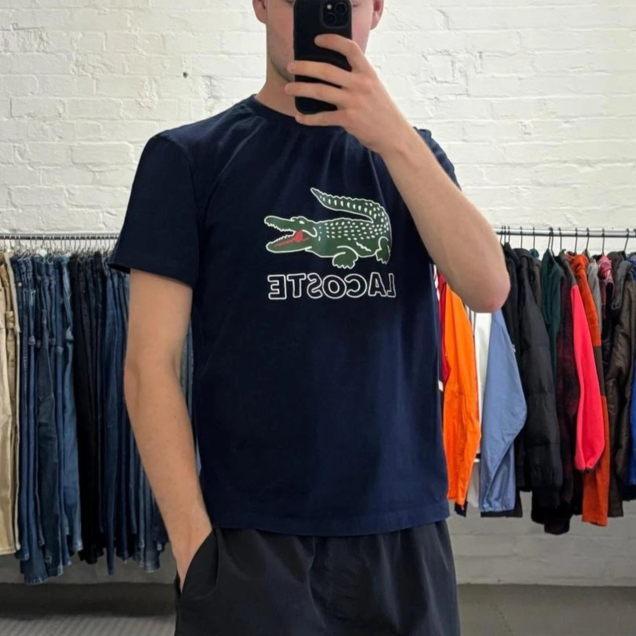 Lacoste graphic print t shirt Mens L navy logo tee Y2K streetwear