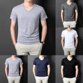 Men Base Shirt V Neck Short Sleeve Slim Fit Solid Color Casual Pullover Tee