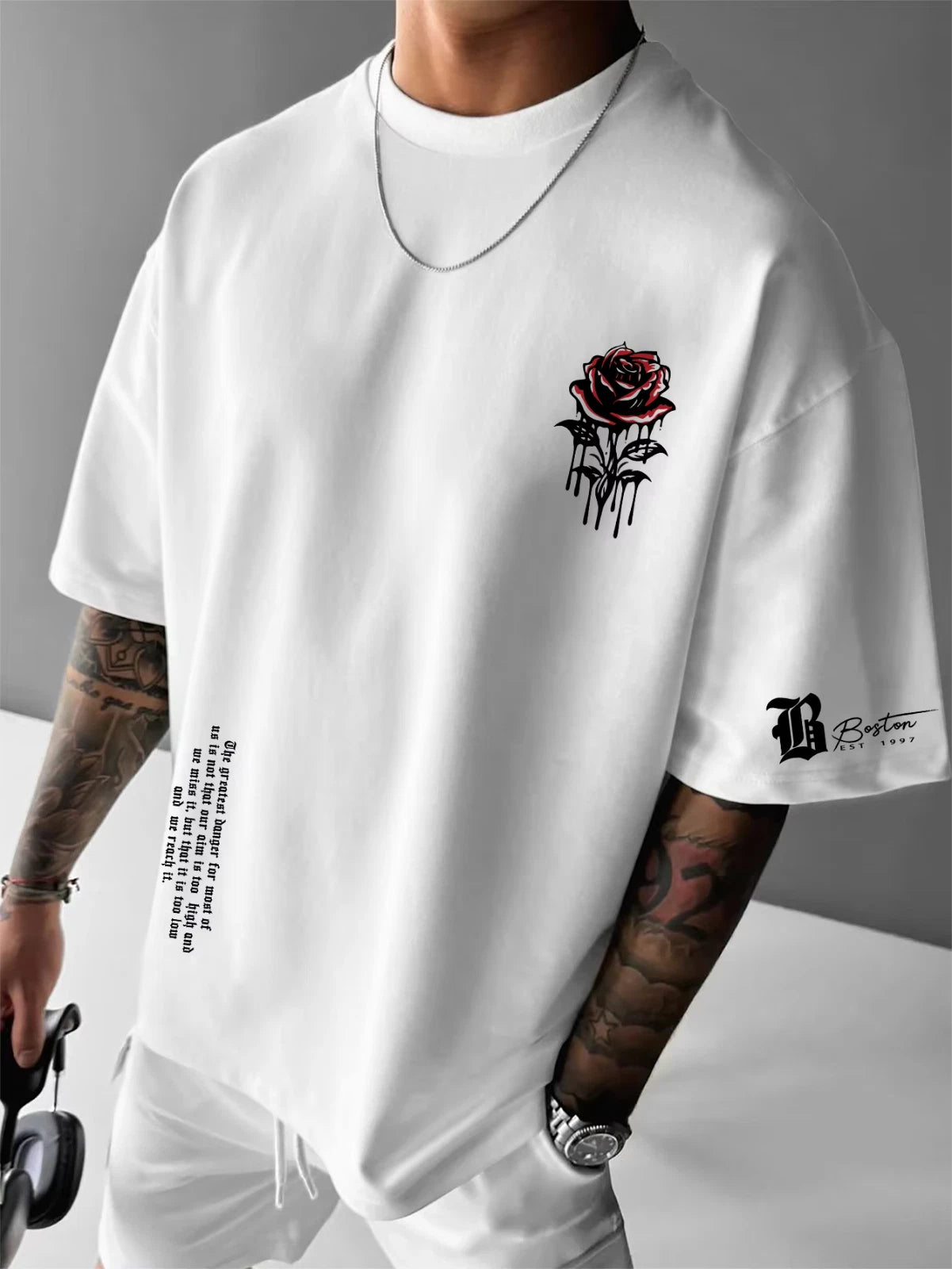Men's Boston Gothic Rose Graphic Print T-shirt Oversized 100% Polyester