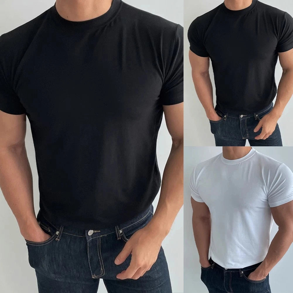 Short Sleeve Tee Men Slim T-Shirt Slim Fit Short Sleeve Elastic Fitness Top