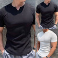 Men Slim V-Neck Short Sleeve T-Shirt Solid Color Breathable Polyester Top