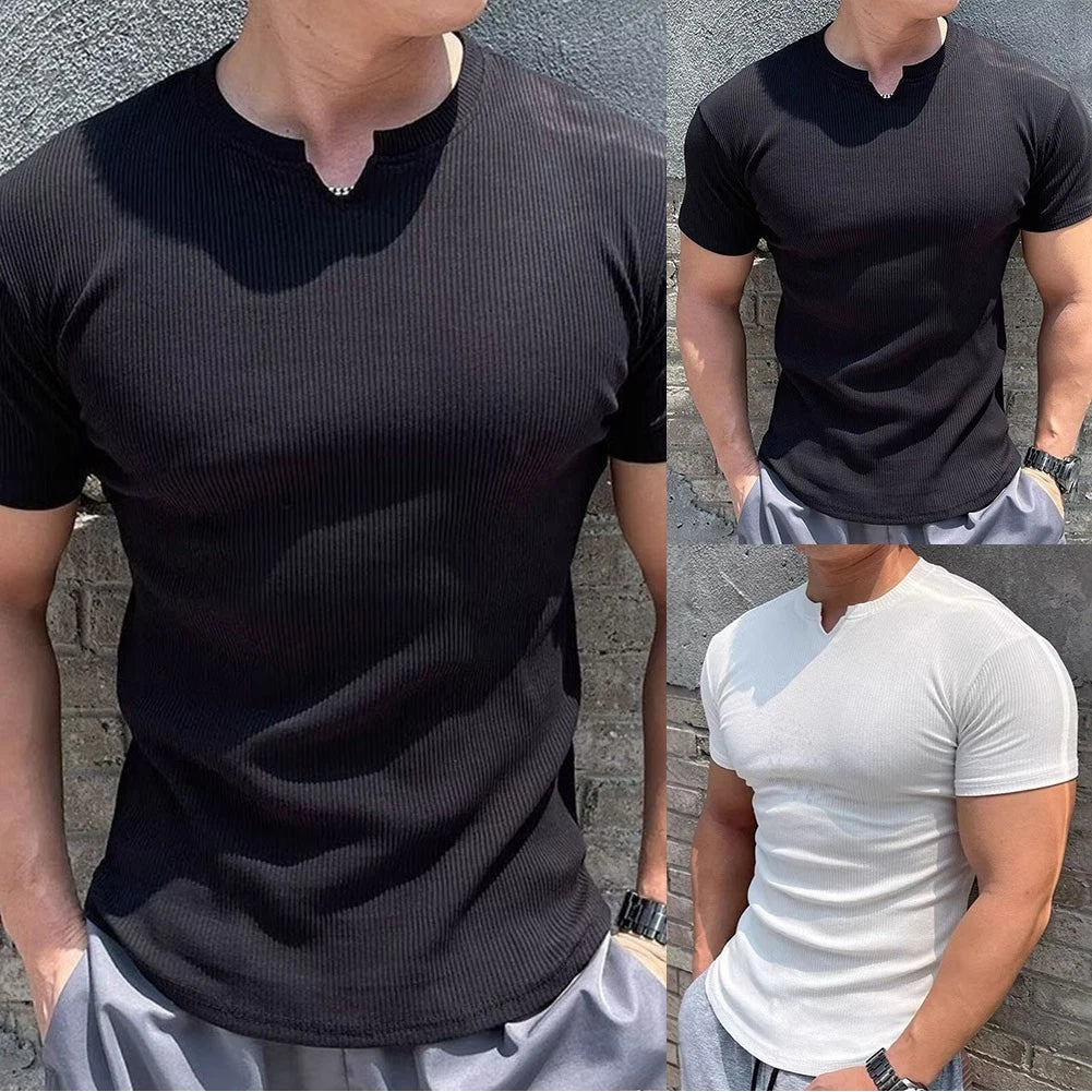 Men Slim V-Neck Short Sleeve T-Shirt Solid Color Breathable Polyester Top