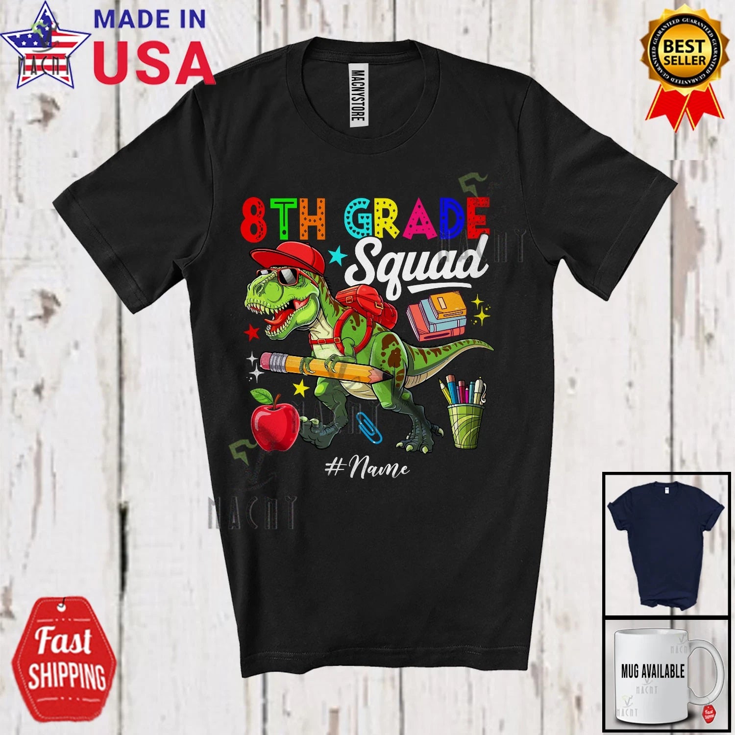 Custom Name 8th Grade Squad; First Day Of School Student Teacher T-Rex T-Shirt