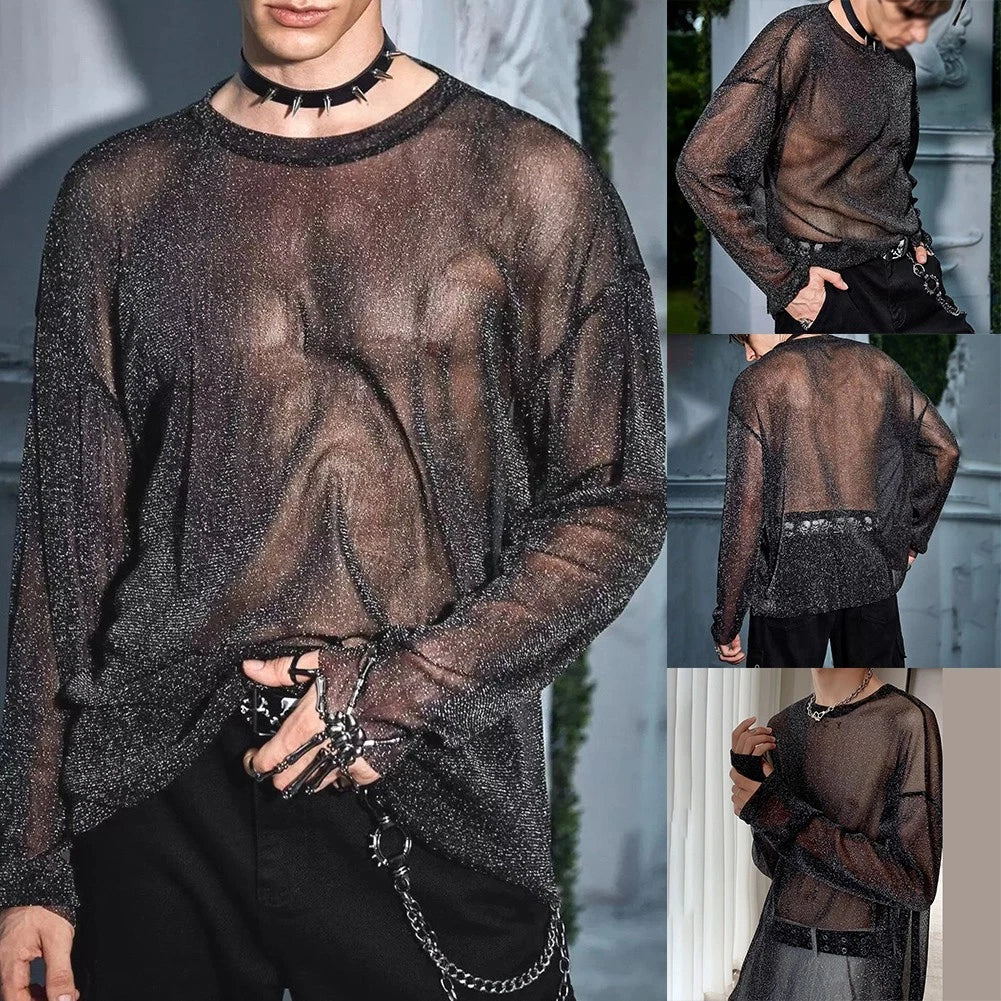 Translucent Black Long Sleeve Casual T Shirt for Men with Subtle M-3XL