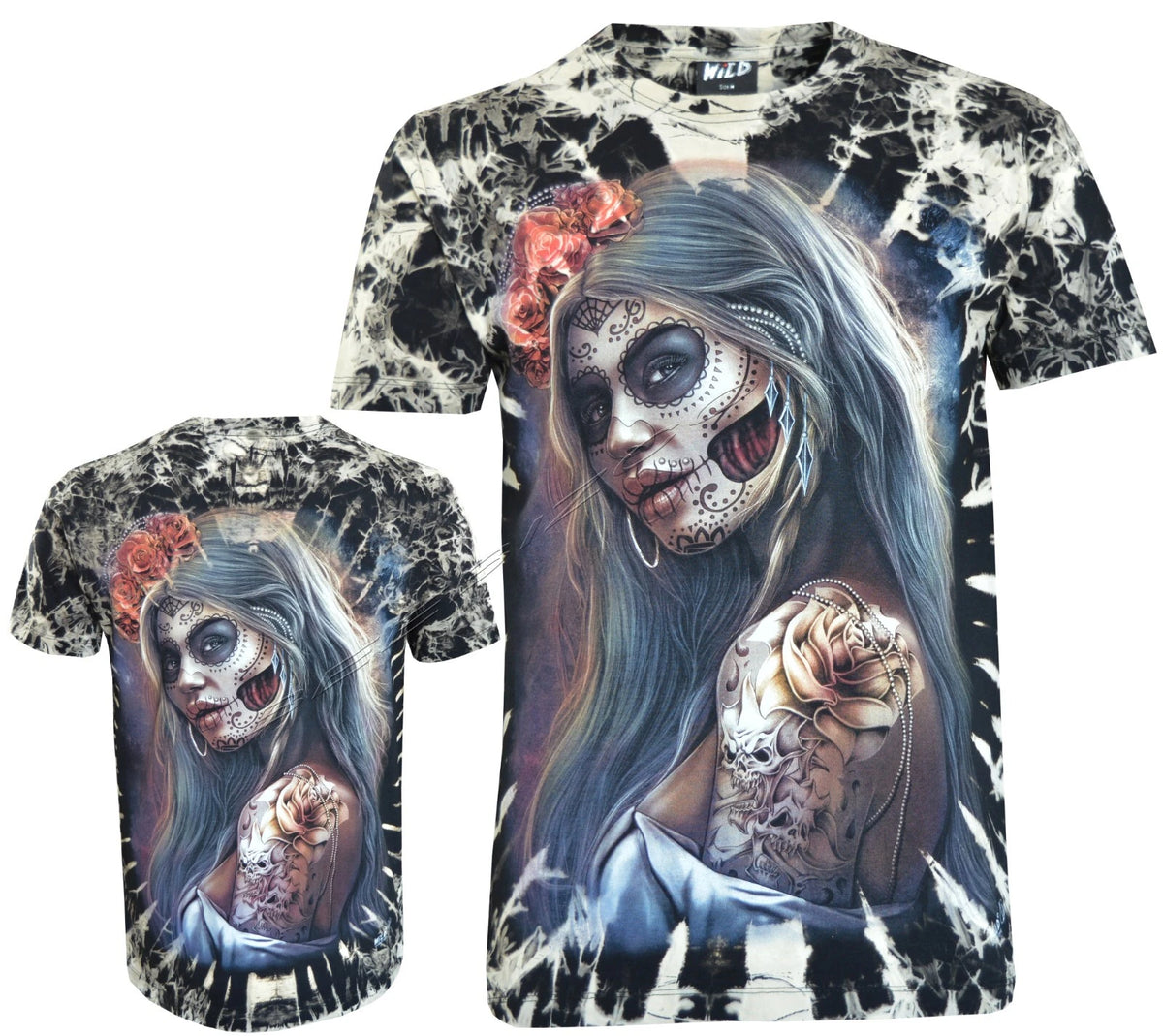 Tie Dye T-Shirt Woman with Day of the Dead La Catrina Tattoo Glow inDark by Wild
