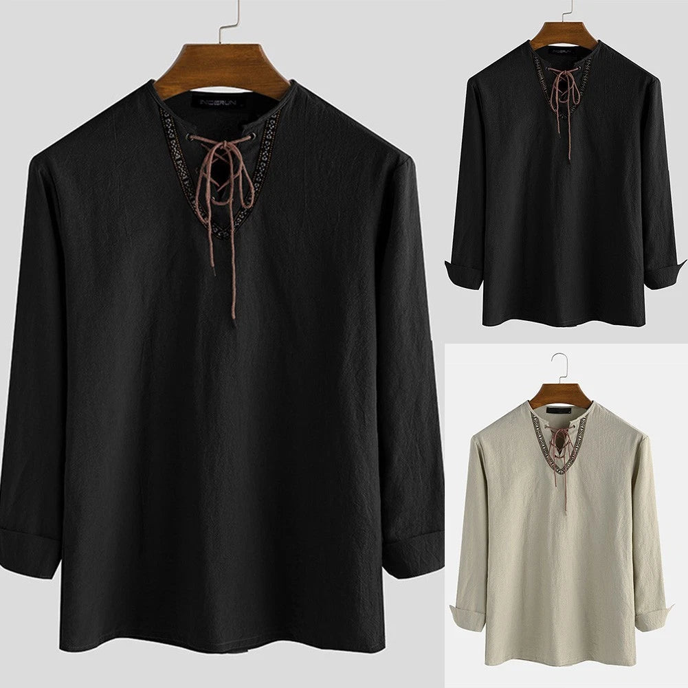Mens Vintage V Neck T Shirt Stylish Medieval Vintage Blouse with Long Sleeves