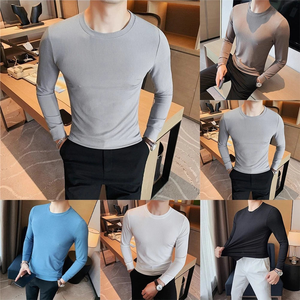 Men Solid Color Long Sleeve Slim Fit Casual Round Neck T Shirt for Daily Wear